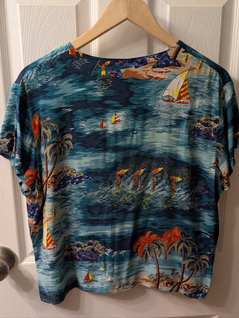 Blue Hawaiian Surfer Print Button-Front Short Sleeve Top, Rayon - Picture 2 of 7